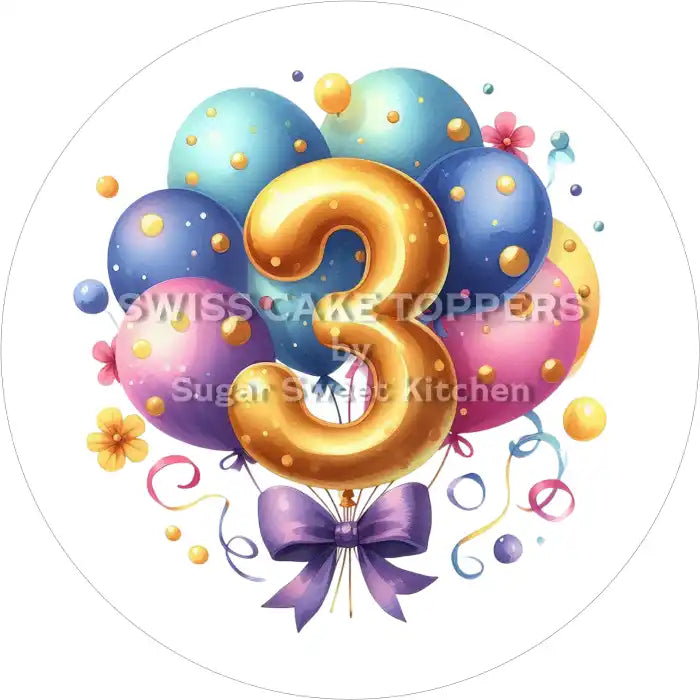Ballon-Tortenaufleger mit Zahl 3 - personalisierbar - Fondant- Torten- & Cupcakeaufleger Sugar Sweet Kitchen