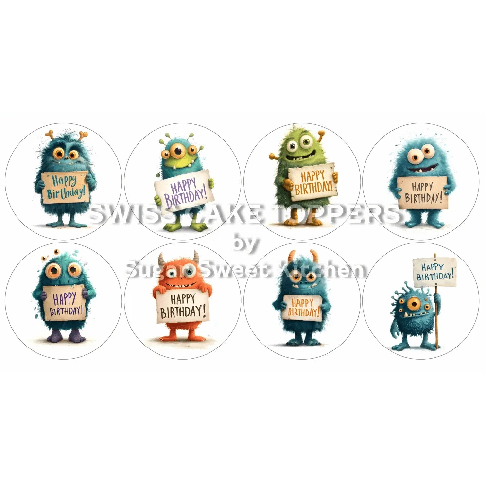 Birthday Monster-Cupcakes- & Dessertaufleger1 - personalisierbar - Fondant- Torten- Cupcakeaufleger Sugar Sweet Kitchen