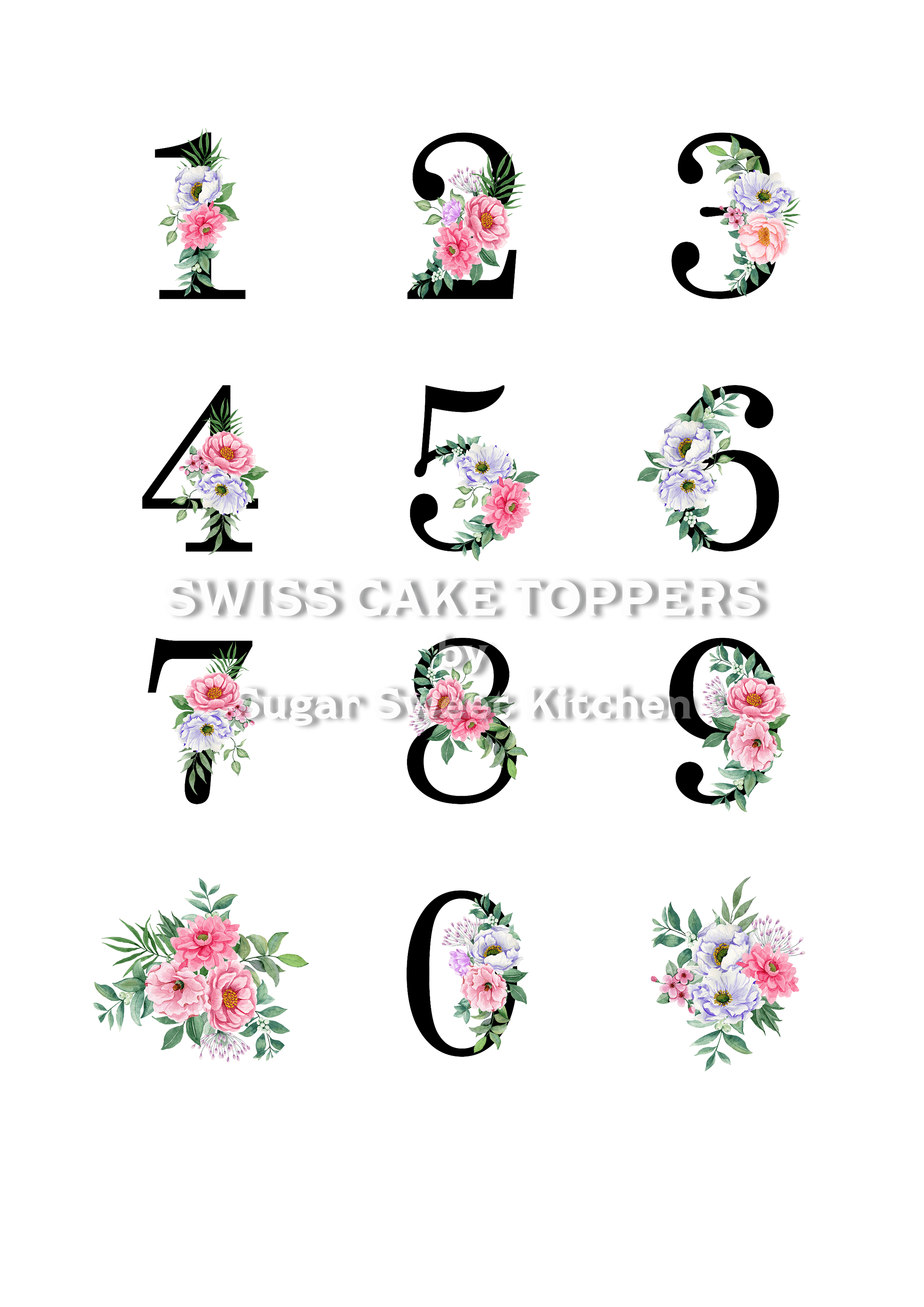 Blumen- Tortenaufleger mit Zahlen - personalisiert - Fondant- Torten- & Cupcakeaufleger Sugar Sweet Kitchen