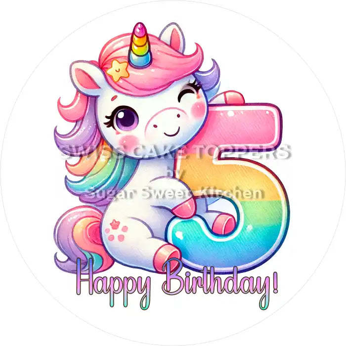 Einhorn Tortenaufleger mit Zahl 5 - personalisierbar - Fondant- Torten- & Cupcakeaufleger Sugar Sweet Kitchen