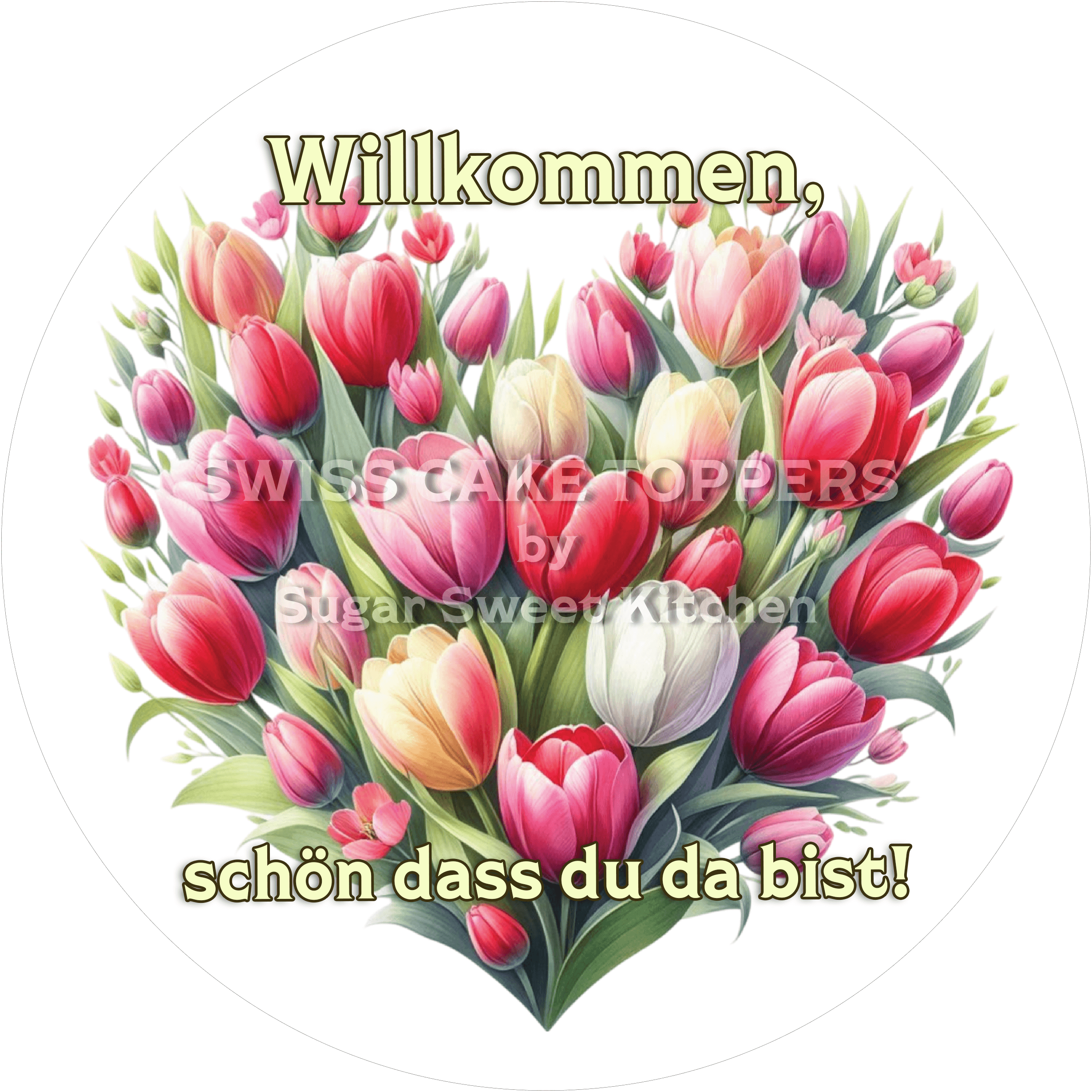 Eleganter Welcome-Tortenaufleger Flower25 - personalisierbar - Fondant- Torten- & Cupcakeaufleger Sugar Sweet Kitchen