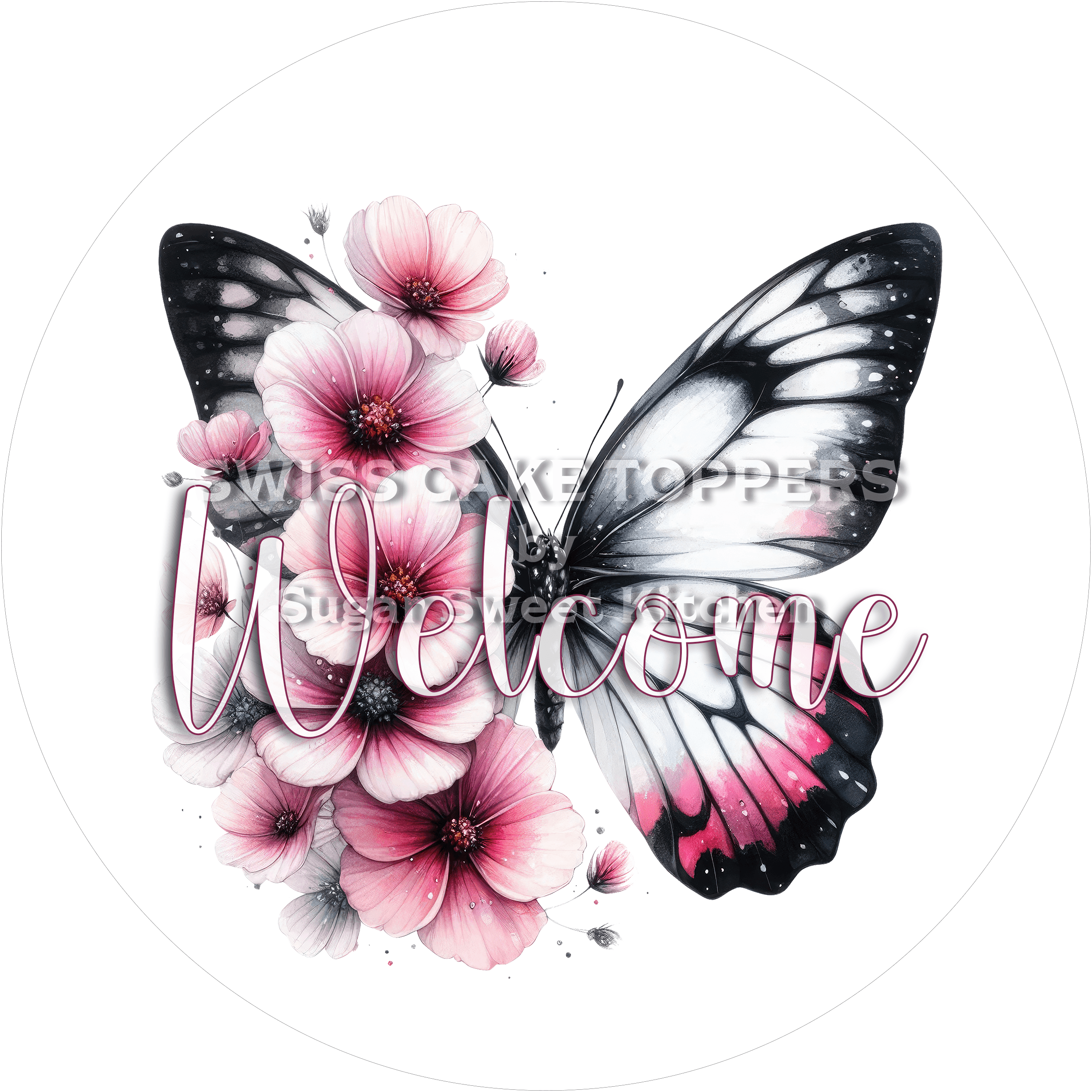 Exklusiver Welcome-Tortenaufleger Flower8 - personalisierbar - Fondant- Torten- & Cupcakeaufleger Sugar Sweet Kitchen