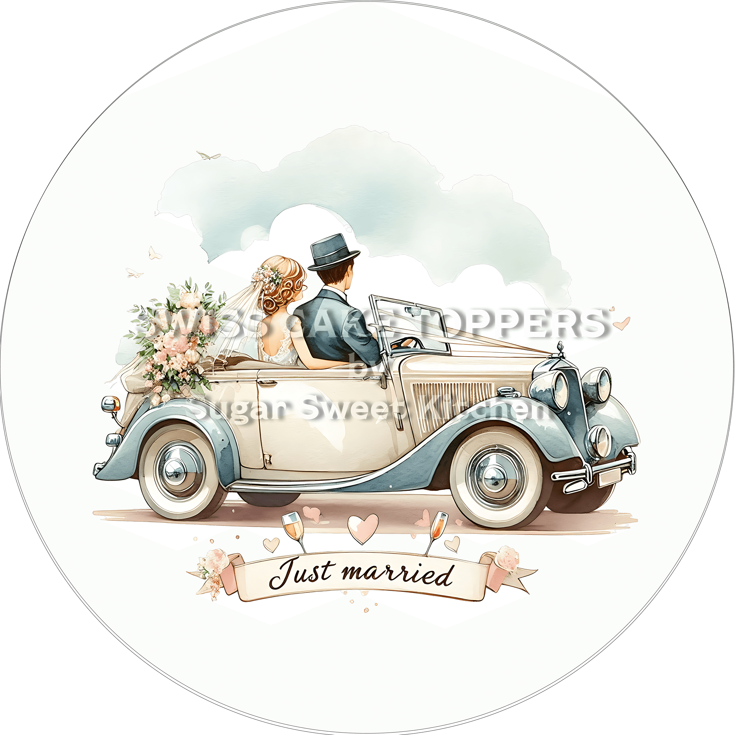 Fantastischer Hochzeits- Tortenaufleger ’Just married’ - personalisierbar - Fondant- Torten- & Cupcakeaufleger Sugar