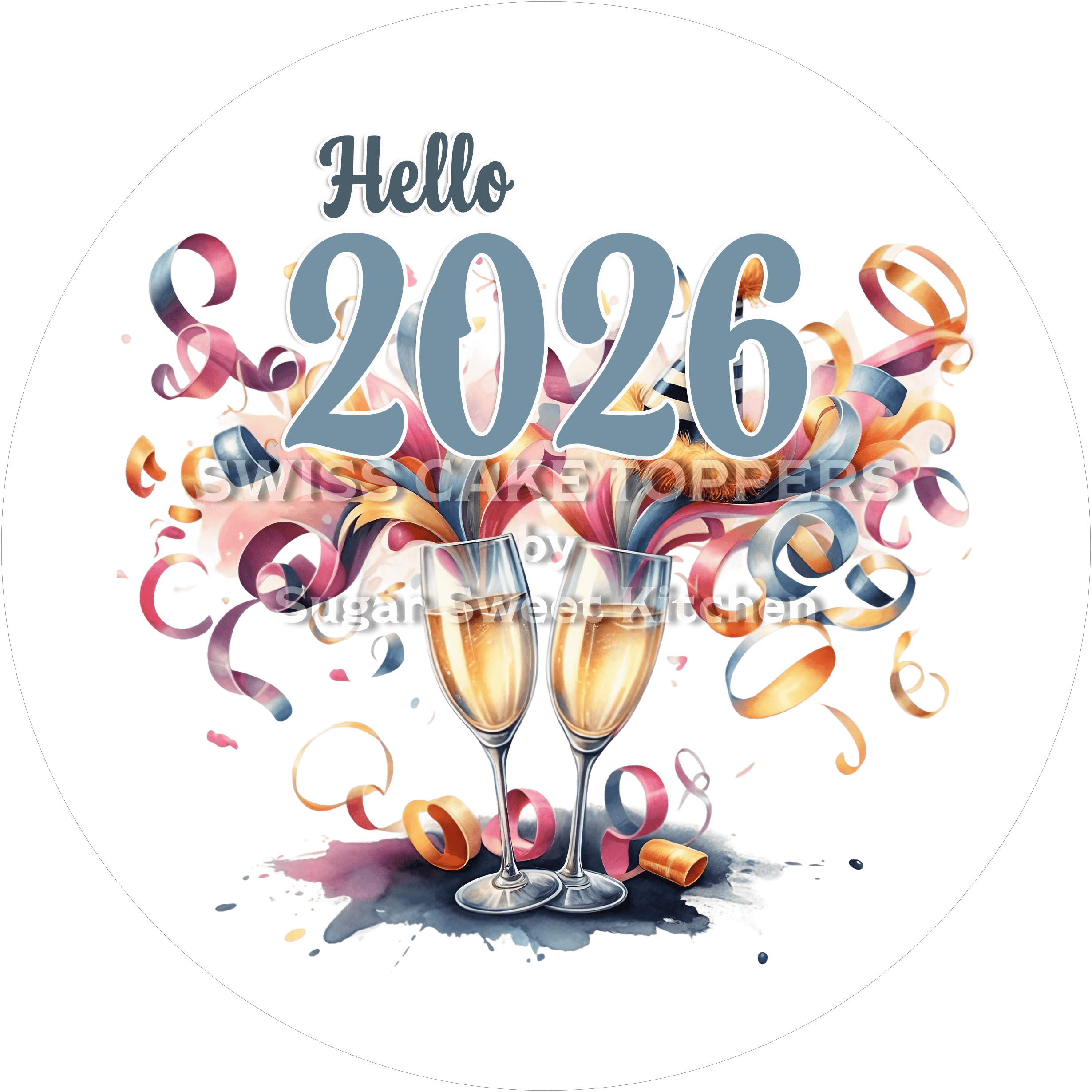 Hello New Year-Tortenaufleger mit Jahreszahl1 - personalisierbar - Fondant- Torten- & Cupcakeaufleger Sugar Sweet