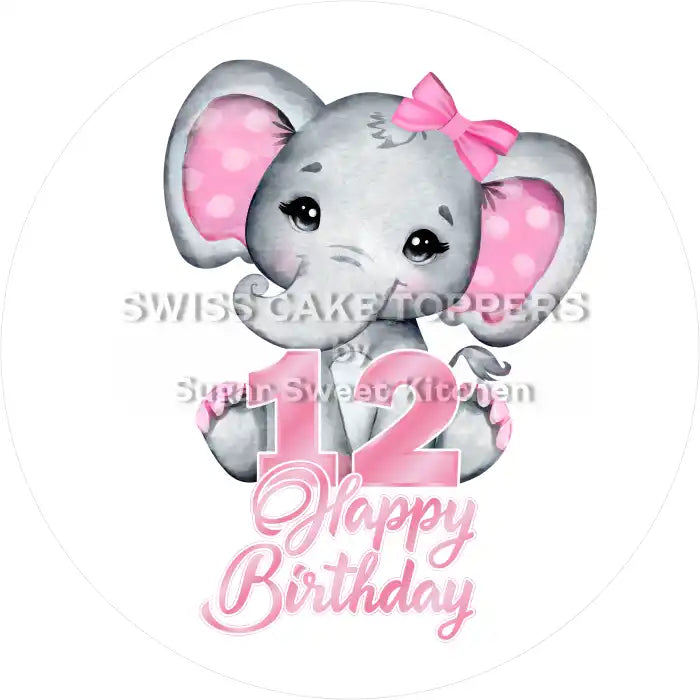 Pink Elefants-Tortenaufleger mit Zahl 12 - personalisierbar - Fondant- Torten- & Cupcakeaufleger Sugar Sweet Kitchen