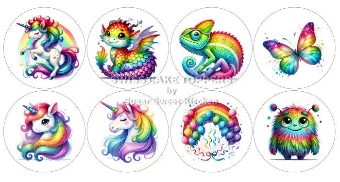 Regenbogentiere-Cupcakes- & Dessertaufleger1 - personalisierbar - Fondant- Torten- Cupcakeaufleger Sugar Sweet Kitchen