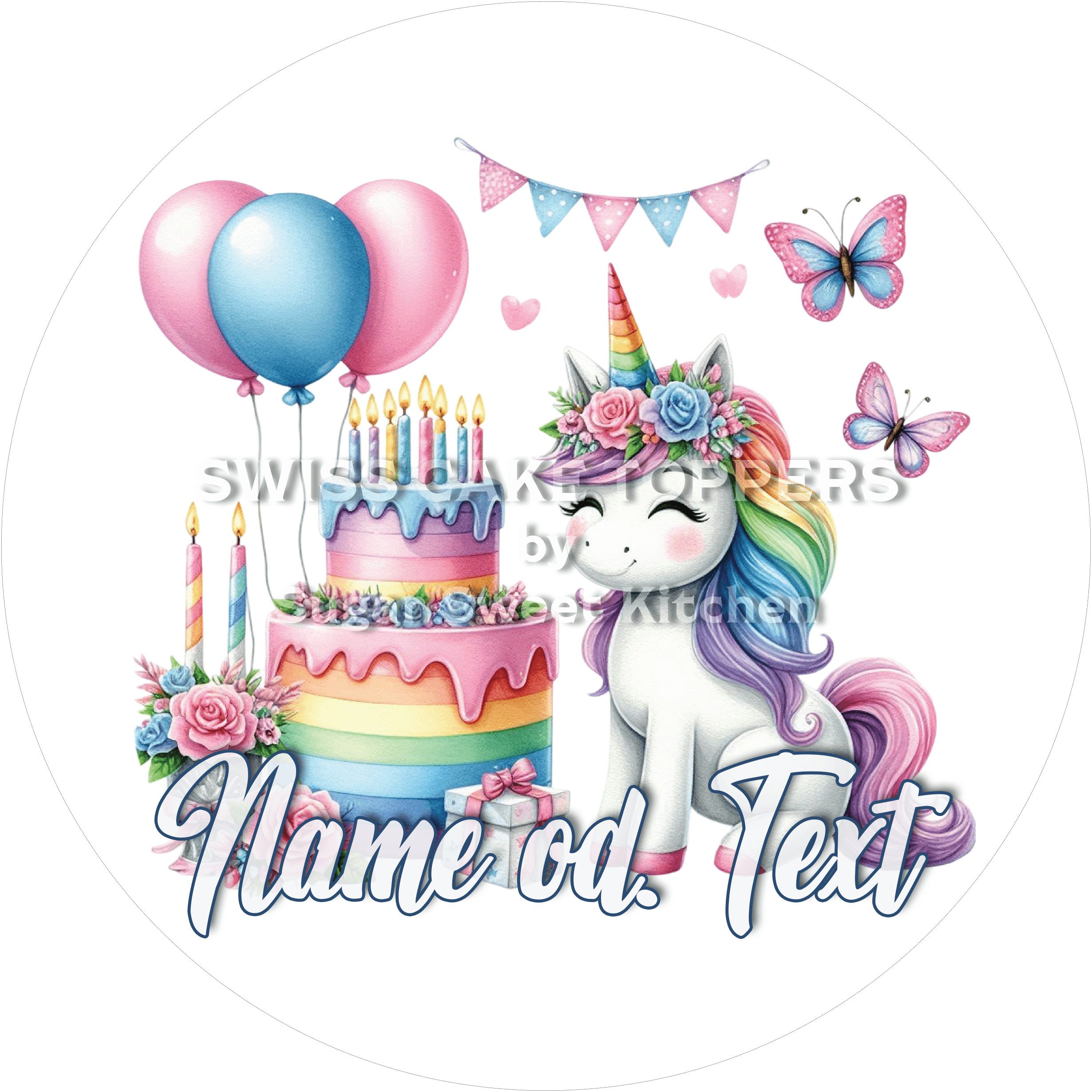 Tortenaufleger Einhorn1 - personalisiert - Fondant- Torten- & Cupcakeaufleger Sugar Sweet Kitchen