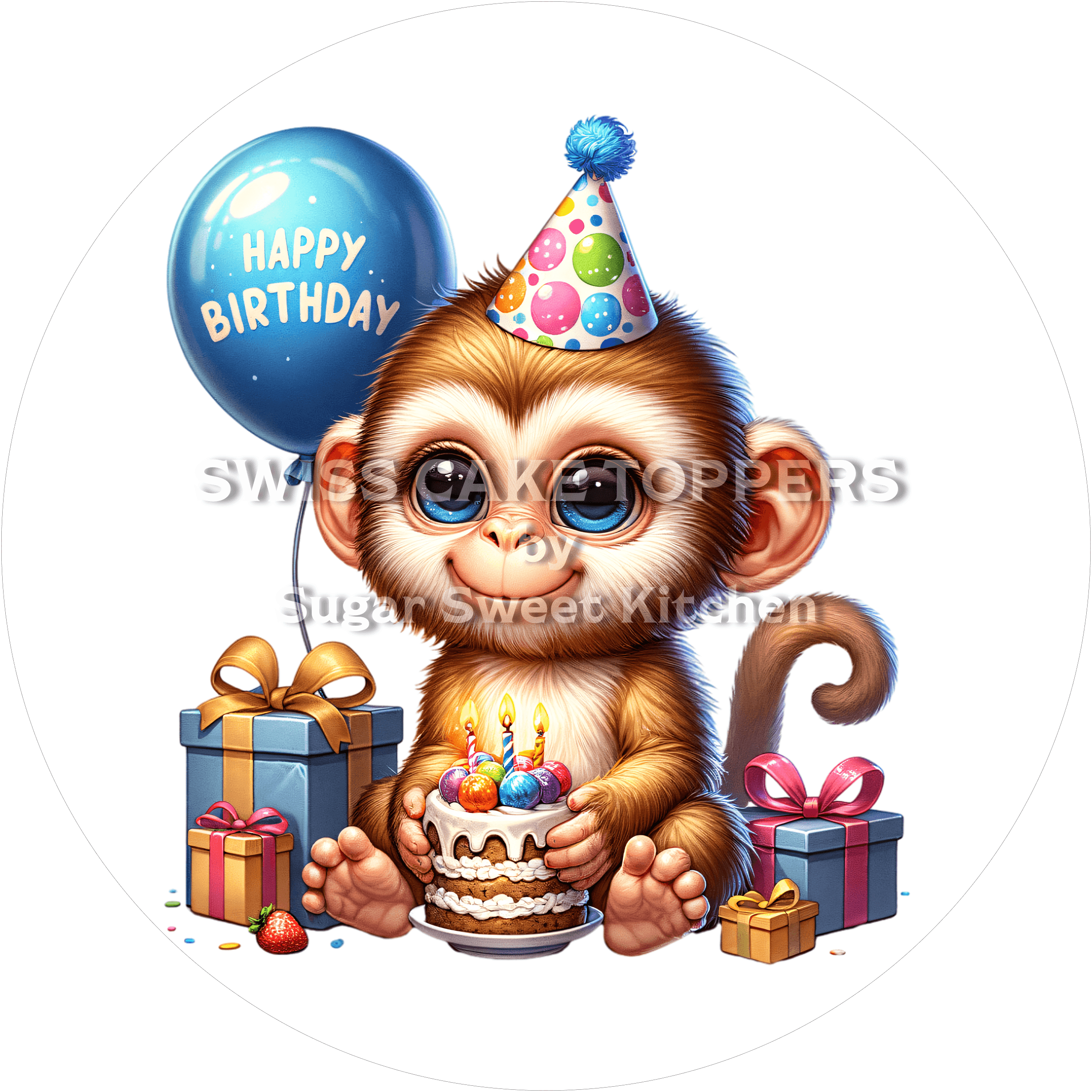 Tortenaufleger Geburtstag Affe 01 - essbar & personalisierbar - Fondant- Torten- Cupcakeaufleger Sugar Sweet Kitchen