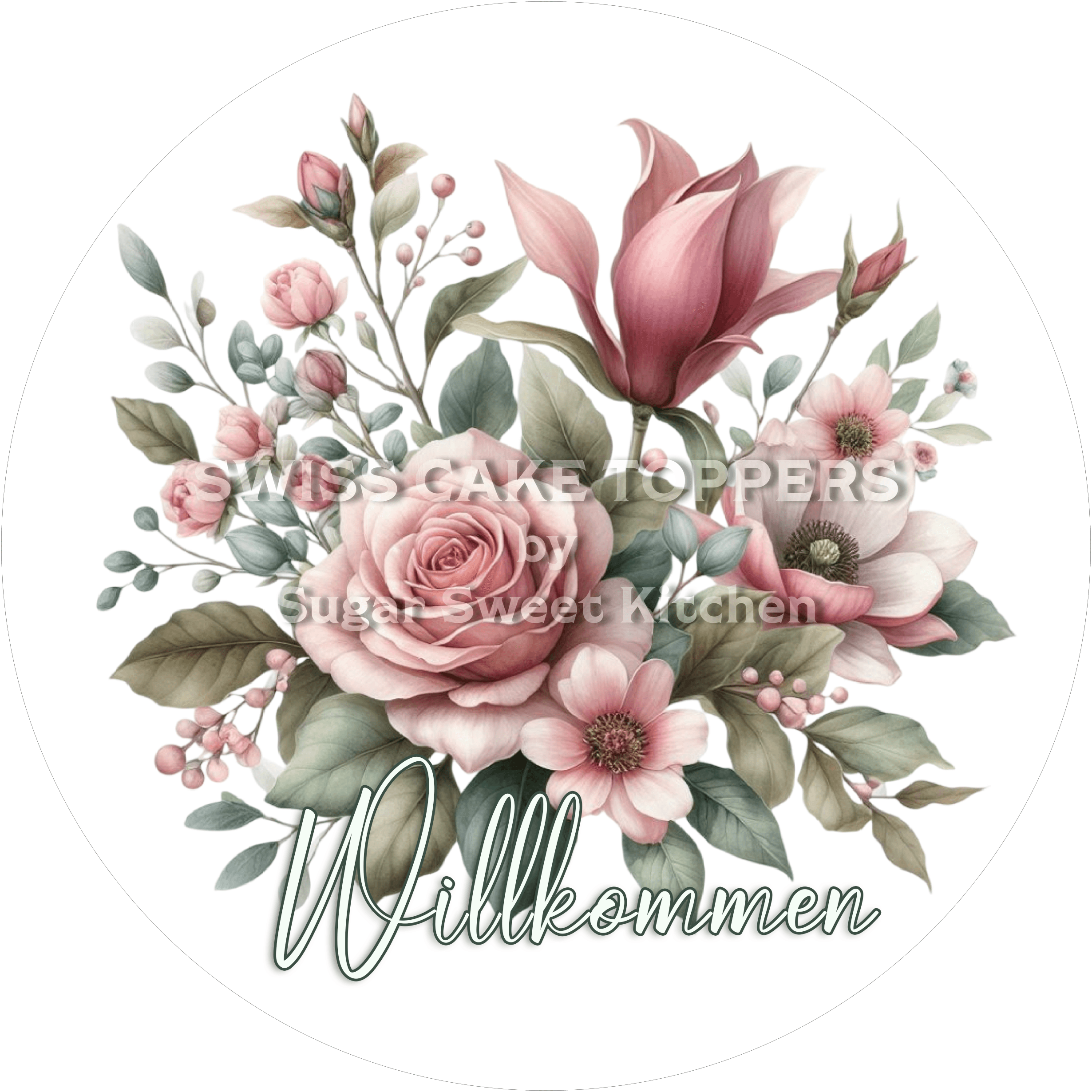Hübscher Welcome-Tortenaufleger Flower23 - personalisierbar - Fondant- Torten- & Cupcakeaufleger Sugar Sweet Kitchen