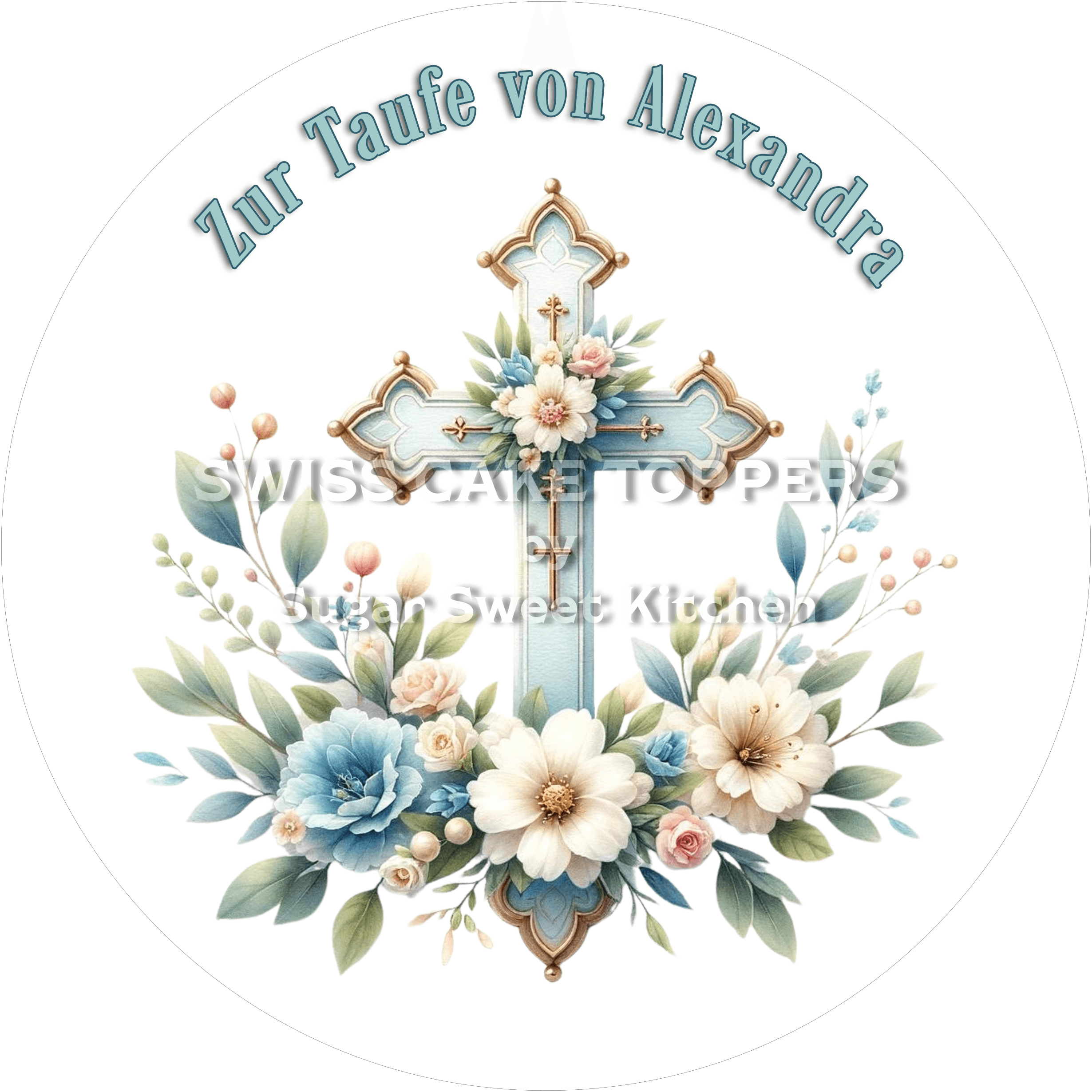 Aussergewöhnlicher Tortenaufleger zur Taufe mit Namen - Fondant- Torten- & Cupcakeaufleger Sugar Sweet Kitchen
