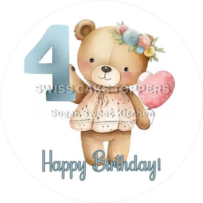 Tortenaufleger Geburtstag Bärchen mit Zahl 04 - essbar & personalisierbar - Fondant- Torten- Cupcakeaufleger Sugar