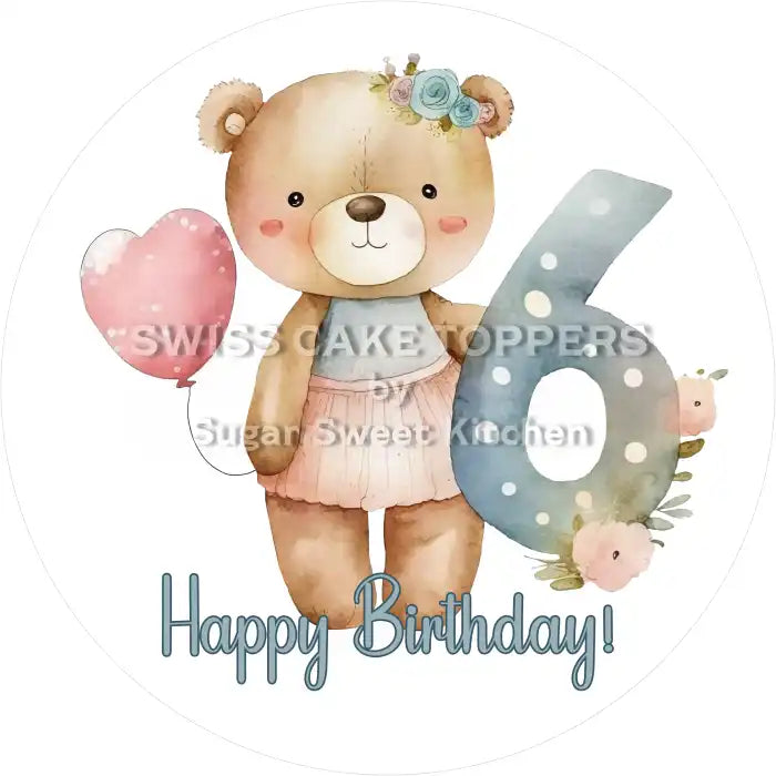 Bärchen Tortenaufleger mit Zahl 6 - personalisierbar - Fondant- Torten- & Cupcakeaufleger Sugar Sweet Kitchen