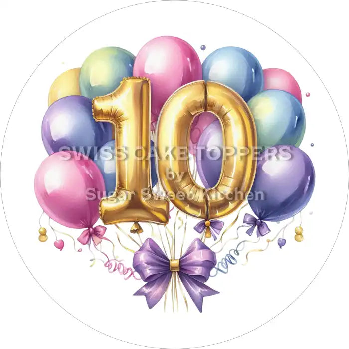 Ballon-Tortenaufleger mit Zahl 10 - personalisierbar - Fondant- Torten- & Cupcakeaufleger Sugar Sweet Kitchen