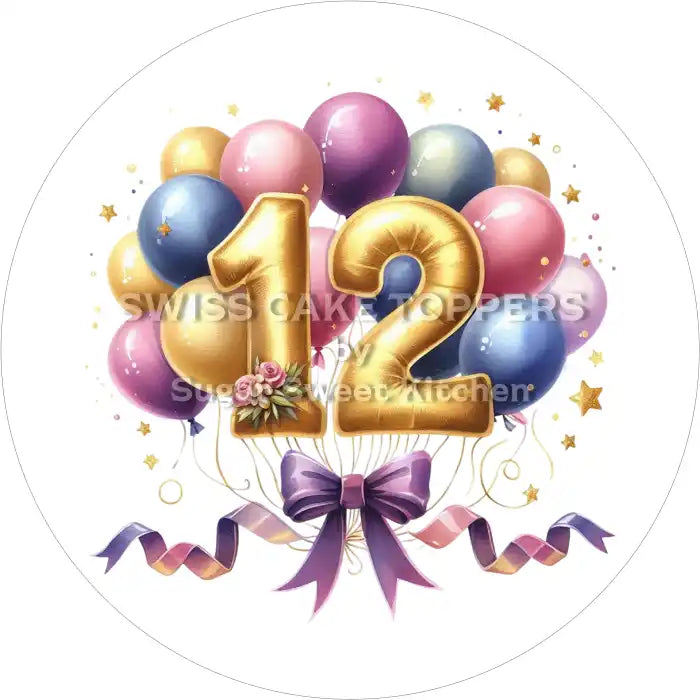 Ballon-Tortenaufleger mit Zahl 12 - personalisierbar - Fondant- Torten- & Cupcakeaufleger Sugar Sweet Kitchen