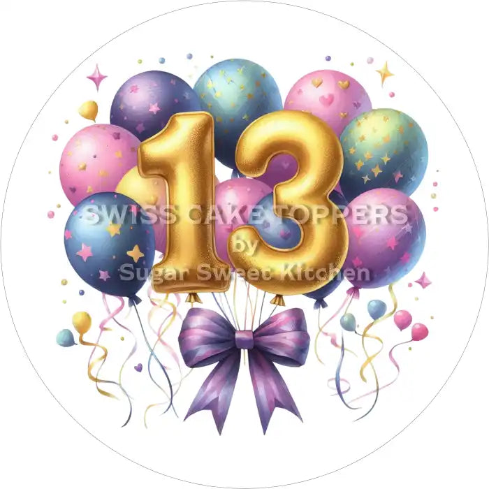 Tortenaufleger Geburtstag Ballon mit Zahl 13 - essbar & personalisierbar - Fondant- Torten- Cupcakeaufleger Sugar Sweet