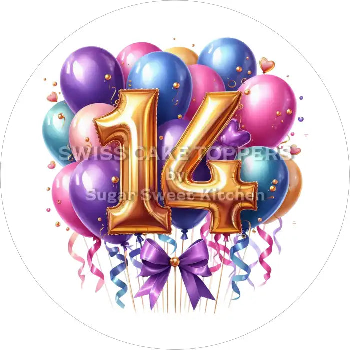Ballon-Tortenaufleger mit Zahl 14 - personalisierbar - Fondant- Torten- & Cupcakeaufleger Sugar Sweet Kitchen