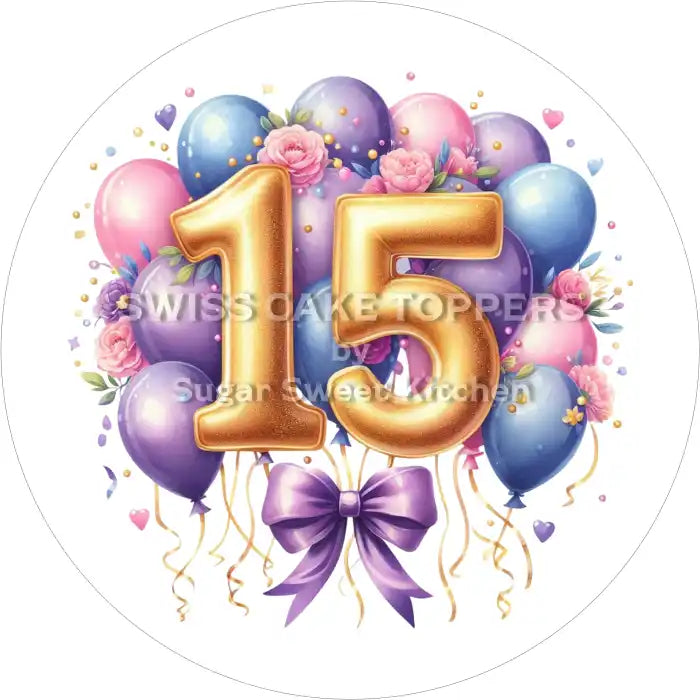 Tortenaufleger Geburtstag Ballon mit Zahl 15 - essbar & personalisierbar - Fondant- Torten- Cupcakeaufleger Sugar Sweet