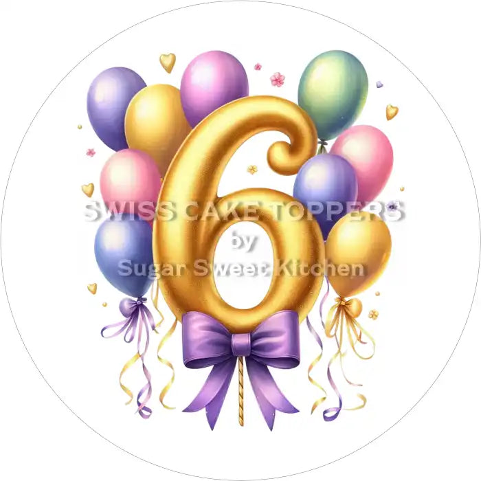 Ballon-Tortenaufleger mit Zahl 6 - personalisierbar - Fondant- Torten- & Cupcakeaufleger Sugar Sweet Kitchen