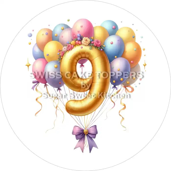 Ballon-Tortenaufleger mit Zahl 9 - personalisierbar - Fondant- Torten- & Cupcakeaufleger Sugar Sweet Kitchen
