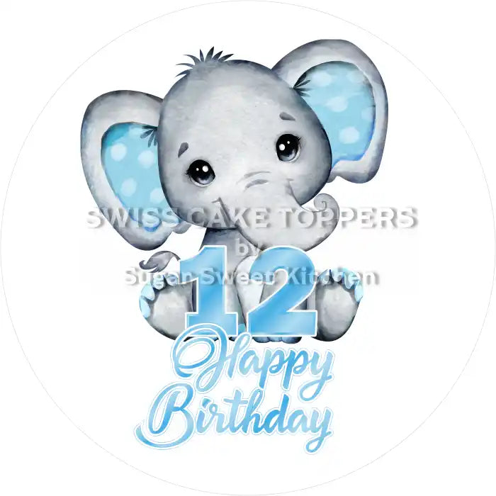 Blue Elefants-Tortenaufleger mit Zahl 12 - personalisierbar - Fondant- Torten- & Cupcakeaufleger Sugar Sweet Kitchen