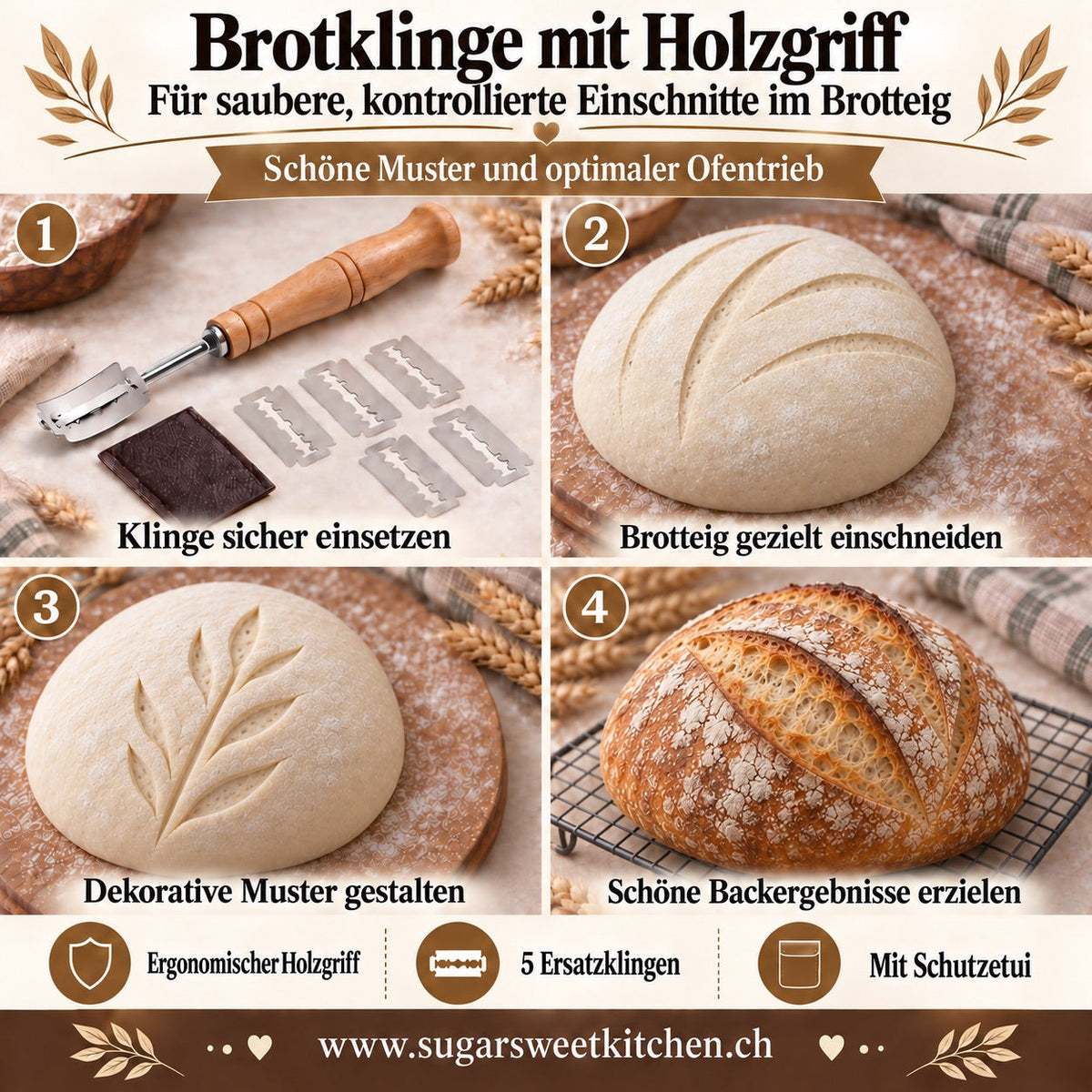 Brotklinge mit Holzgriff & 5 Ersatzklingen / 1 Stk. - Backzubehör Sugar Sweet Kitchen