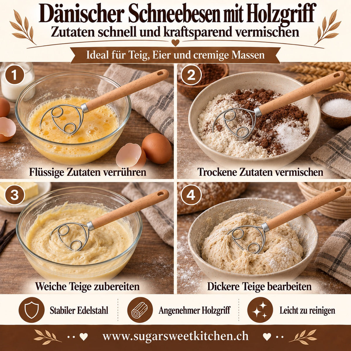 Dänischer Schneebesen mit Holzgriff / 1 Stk. - Backzubehör Sugar Sweet Kitchen