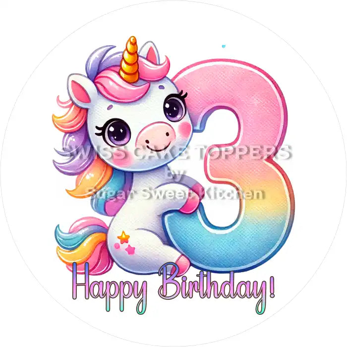 Einhorn Tortenaufleger mit Zahl 3 - personalisierbar - Fondant- Torten- & Cupcakeaufleger Sugar Sweet Kitchen