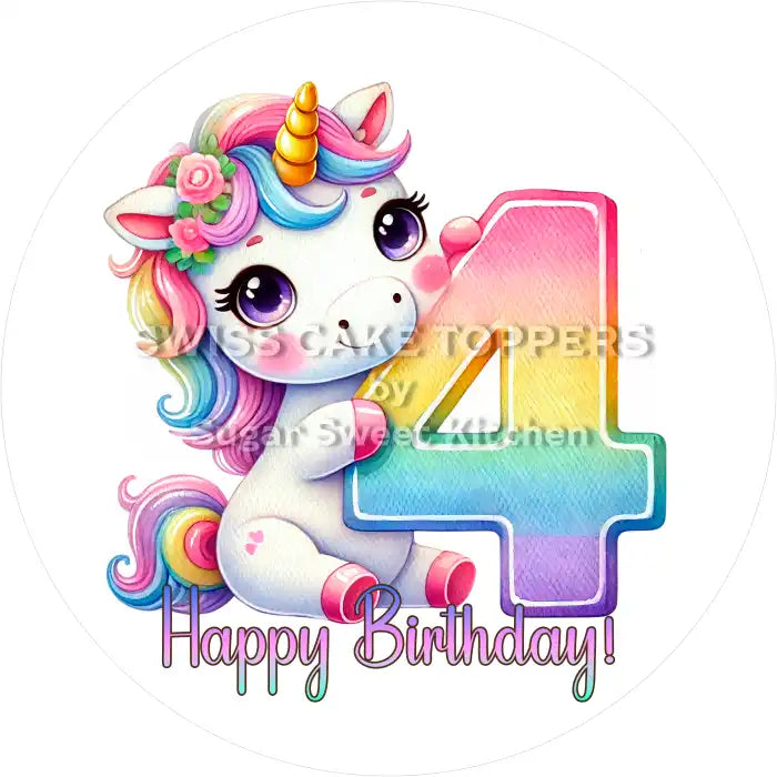 Tortenaufleger Einhorn mit Zahl 4 - essbar & personalisierbar - Fondant- Torten- Cupcakeaufleger Sugar Sweet Kitchen