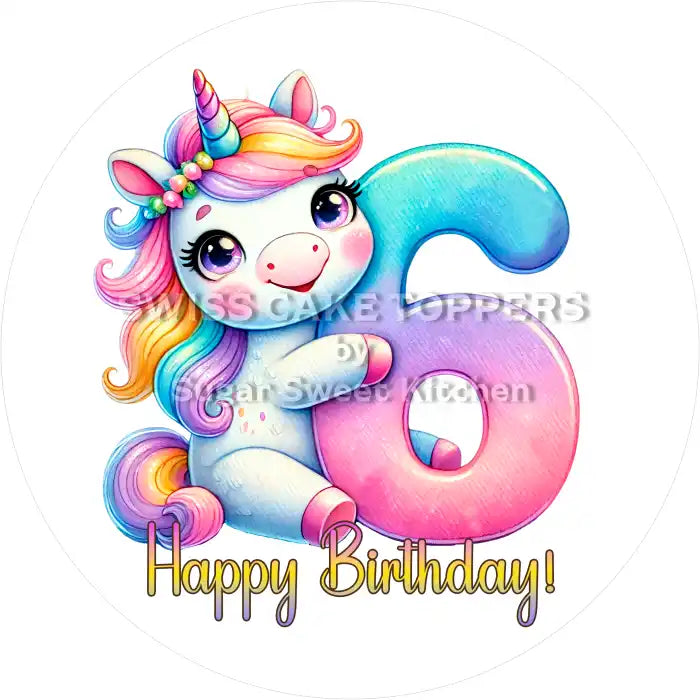 Einhorn Tortenaufleger mit Zahl 6 - personalisierbar - Fondant- Torten- & Cupcakeaufleger Sugar Sweet Kitchen