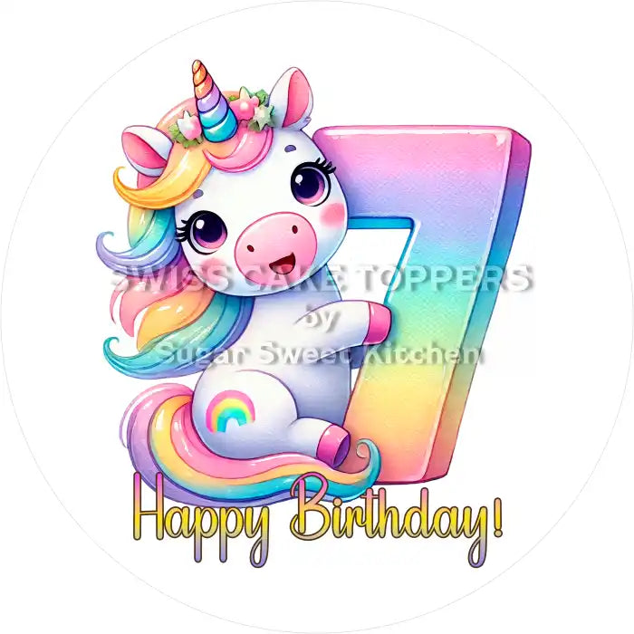 Einhorn Tortenaufleger mit Zahl 7 - personalisierbar - Fondant- Torten- & Cupcakeaufleger Sugar Sweet Kitchen