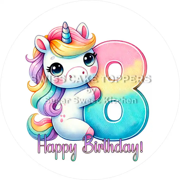 Einhorn Tortenaufleger mit Zahl 8 - personalisierbar - Fondant- Torten- & Cupcakeaufleger Sugar Sweet Kitchen