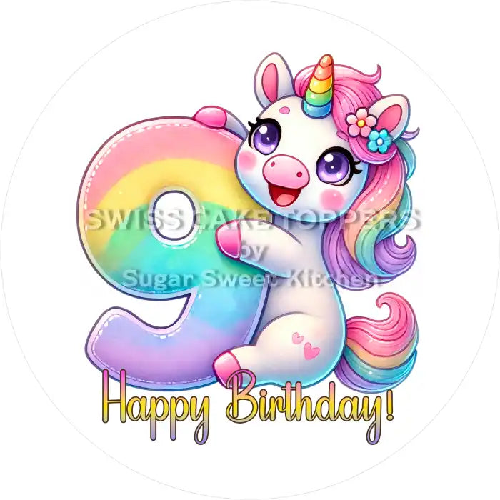 Einhorn Tortenaufleger mit Zahl 9 - personalisierbar - Fondant- Torten- & Cupcakeaufleger Sugar Sweet Kitchen