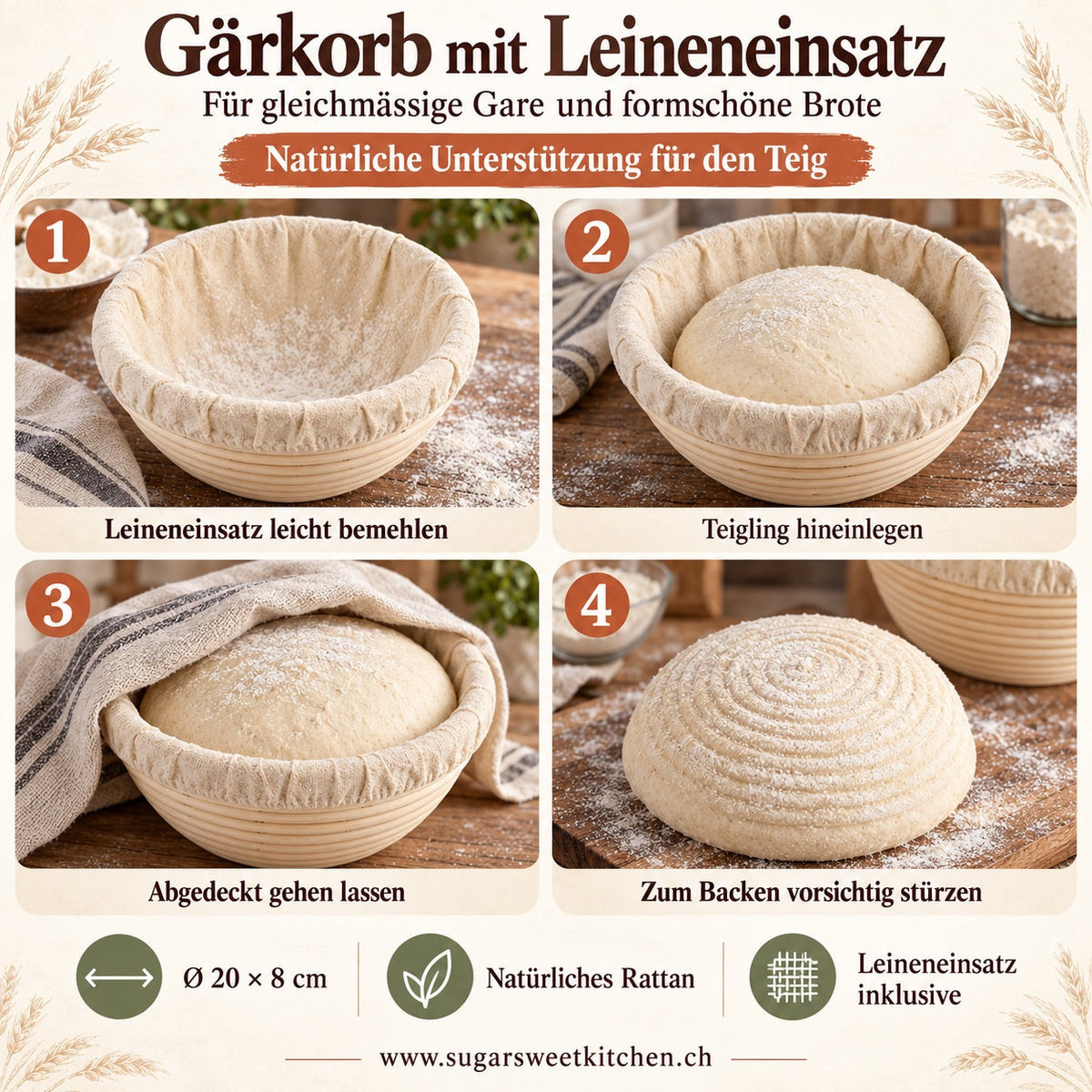 Gärkörbchen Rattan rund 20 cm mit Leineneinlage - Backzubehör Sugar Sweet Kitchen