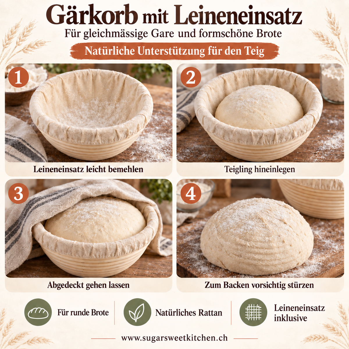 Gärkörbchen Rattan rund 25cm mit Leineneinlage - Backzubehör Sugar Sweet Kitchen