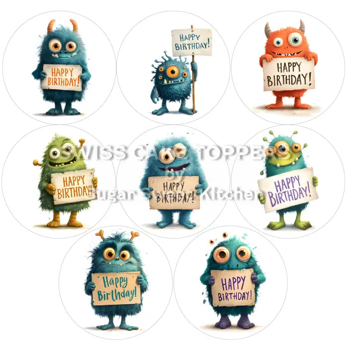 Geburtstags Monster Cupcakes- & Dessertaufleger 01 / 8Stk. - Fondant- Torten- Cupcakeaufleger Sugar Sweet Kitchen