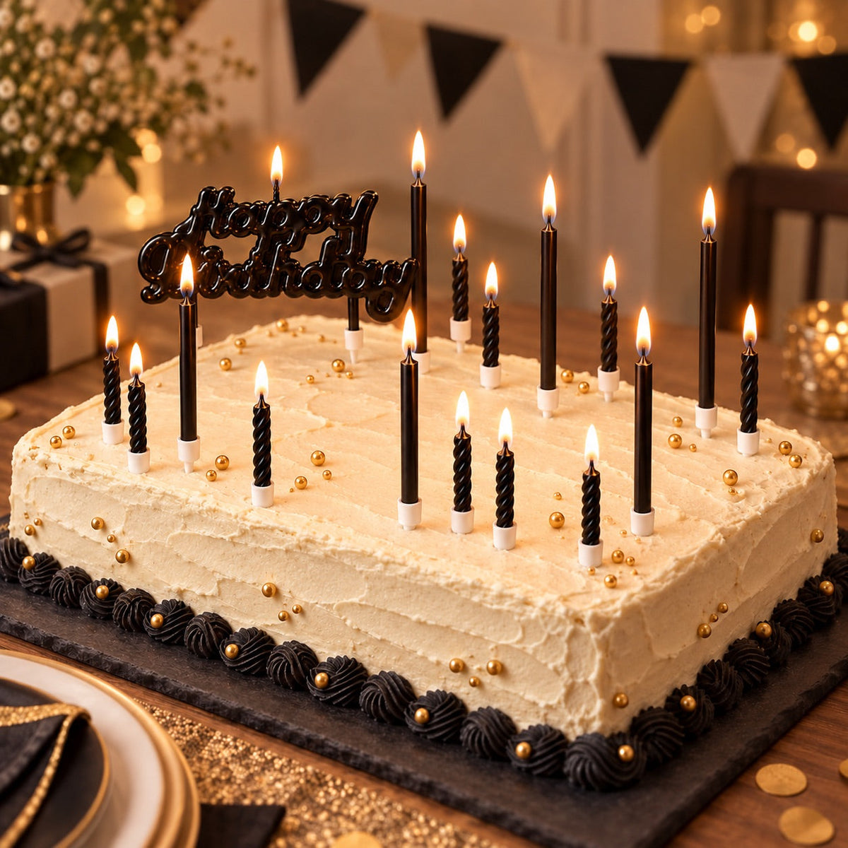 Geburtstagskerzen Schwarz mit Happy Birthday Schriftzug / 17-teilig - Tortendekoration Sugar Sweet Kitchen