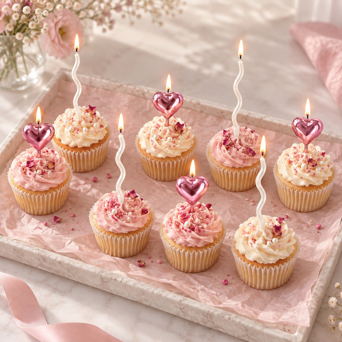 Geburtstagskerzen Weiss & Rosa mit Wellen- und Herzkerzen / 22-teilg. - Tortendekoration Sugar Sweet Kitchen