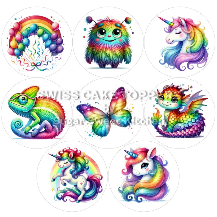 Regenbogentiere Cupcakes- & Dessertaufleger 01 / 8 Stk. - Fondant- Torten- Cupcakeaufleger Sugar Sweet Kitchen