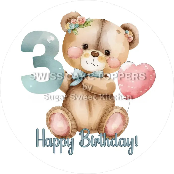 Tortenaufleger Geburtstag Bärchen mit Zahl 03 - essbar & personalisierbar - Fondant- Torten- Cupcakeaufleger Sugar