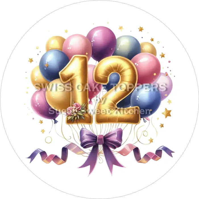 Tortenaufleger Geburtstag Ballon mit Zahl 12 - essbar & personalisierbar - Fondant- Torten- Cupcakeaufleger Sugar Sweet