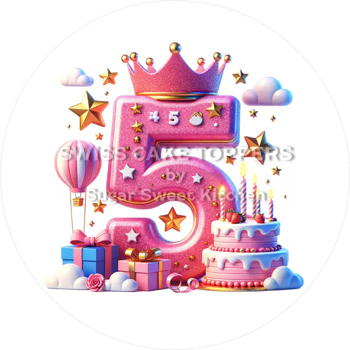 Tortenaufleger Geburtstag Prinzessin mit Zahl 05 - essbar & personalisierbar - Fondant- Torten- Cupcakeaufleger Sugar