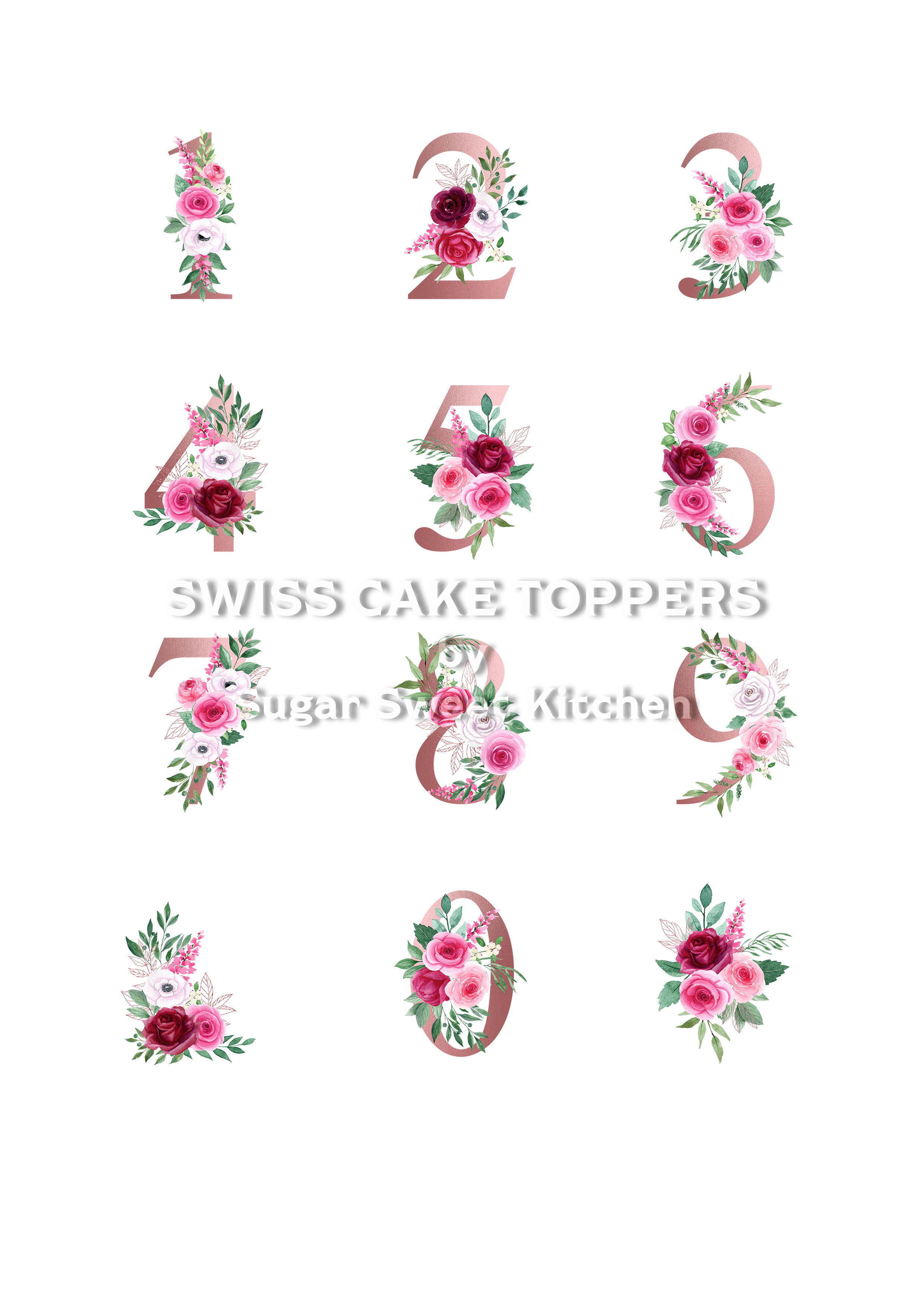 Tortenaufleger mit Rosen-Zahlen - personalisiert - Fondant- Torten- & Cupcakeaufleger Sugar Sweet Kitchen