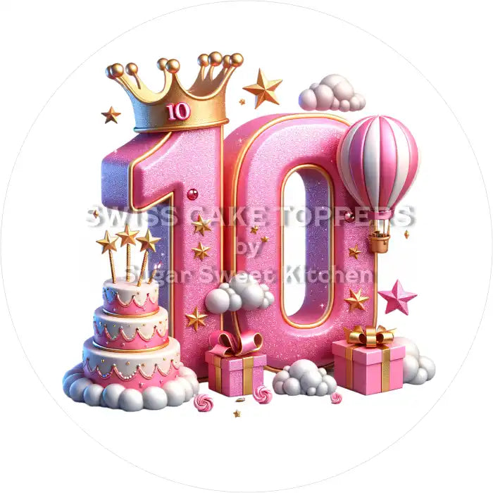 Tortenaufleger Geburtstag Prinzessin mit Zahl 10 - essbar & personalisierbar - Fondant- Torten- Cupcakeaufleger Sugar
