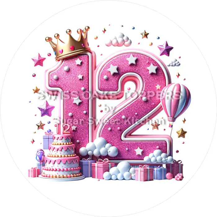 Tortenaufleger mit Prinzessinnen-Zahl 12 - personalisierbar - Fondant- Torten- & Cupcakeaufleger Sugar Sweet Kitchen