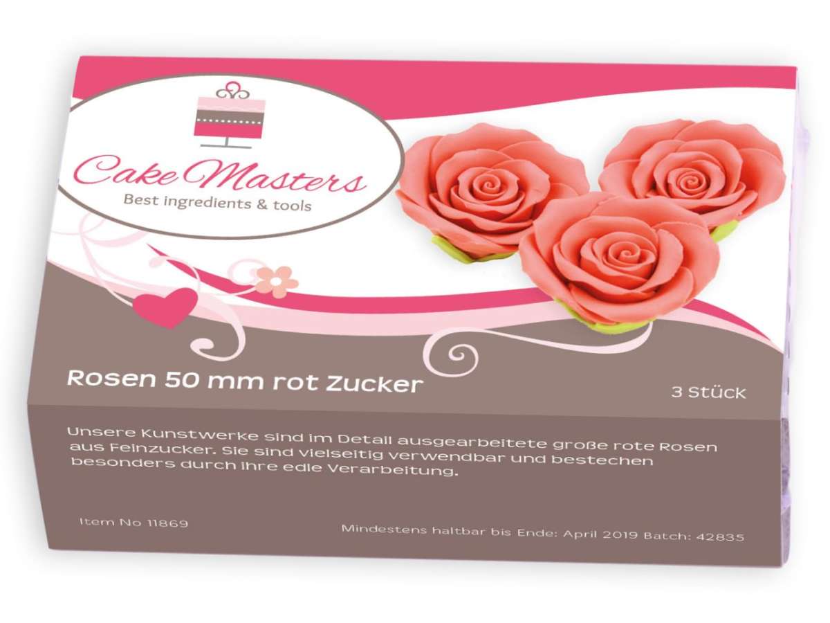 Zucker-Rosen Rot gross 50mm / 3Stk. - Zuckerdekorationen Sugar Sweet Kitchen